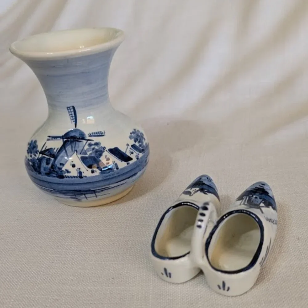 Vintage Bud Vase and Shoes / Clogs by Delft of Holland